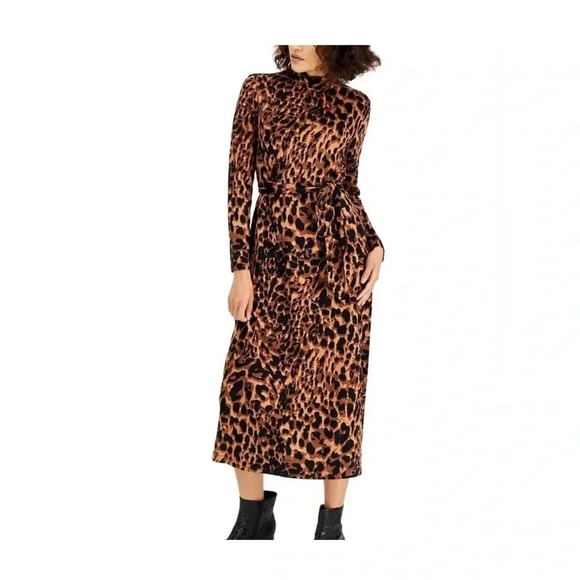 INC Womens Knit Animal Print Belted Midi Dress Long Sleeves - Picture 1 of 5